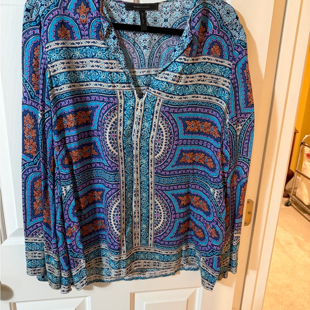 BCBGMaxAzria Blue and Purple Paisley Blouse